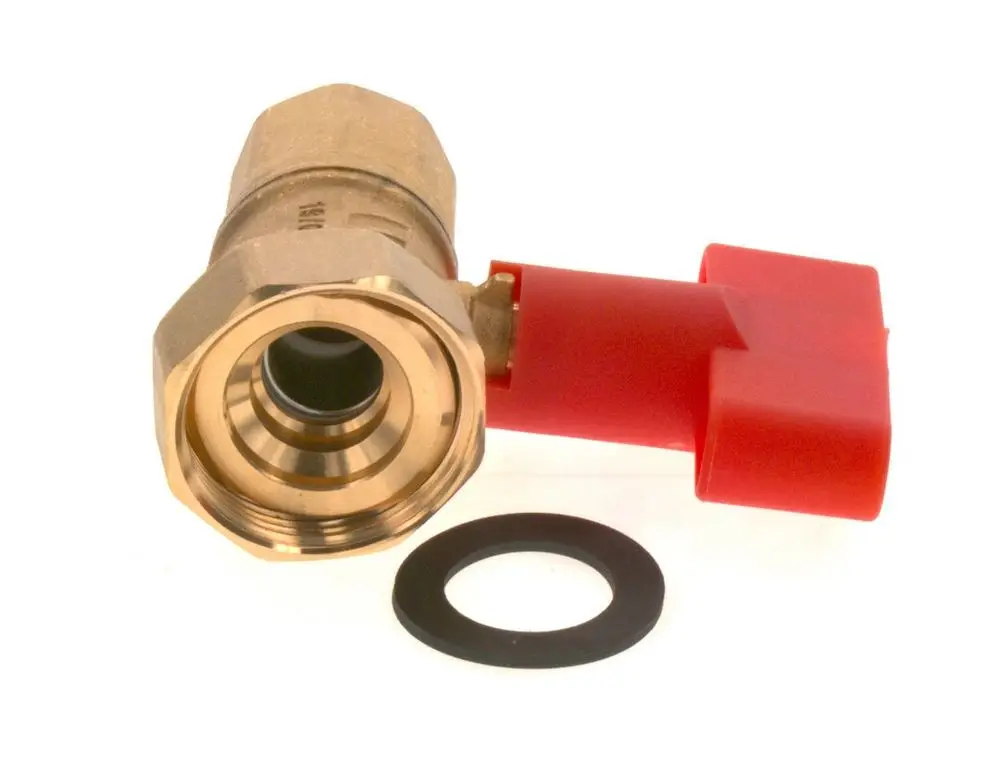 BOSCH Kugelhahn mit rotem Griff und O-Ring. Der Anschluss ist zylindrisch und eignet sich für verschiedene Rohrsysteme.